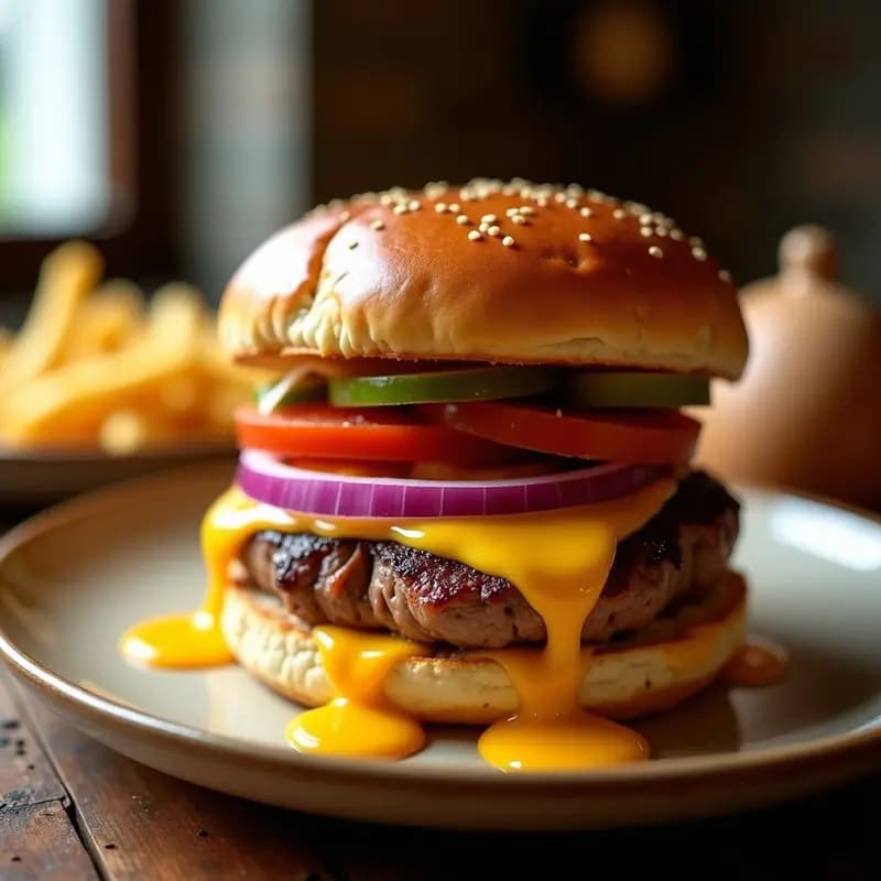 Hamburguesa de Costilla Deshuesada con Queso Gouda y Salsa de Mostaza con Miel: Jugosidad en Cada Bocado