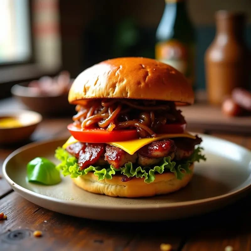 Hamburguesa de Costilla Desmenuzada con Queso Azul y Cebolla Caramelizada: Sabores Fuerte y Deliciosos