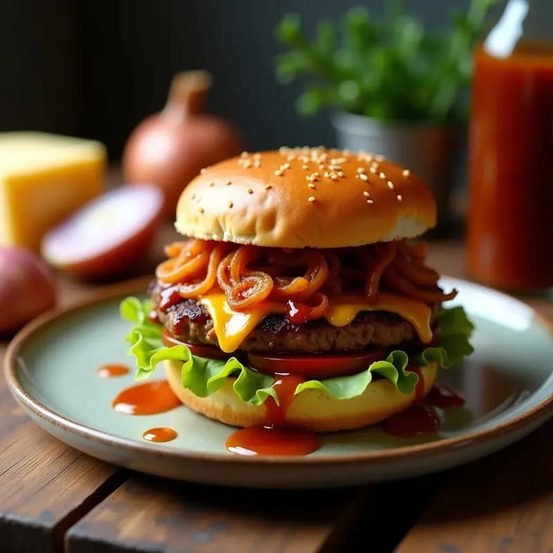 Hamburguesa de Costillas Desmenuzadas con Queso Gouda y Cebolla Caramelizada: Sabor Ahumado en Cada Bocado