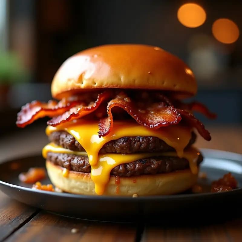 Hamburguesa de Cuatro Quesos con Bacon Caramelizado: Receta Casera en 20 Minutos