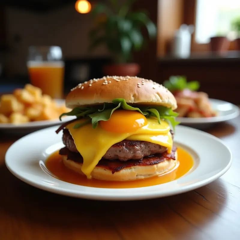 Hamburguesa de Desayuno con Panqueques: Dos Tortitas como Pan, Huevos, Tocino y Sirope