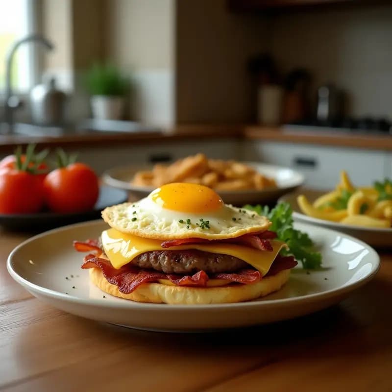 Hamburguesa de Doble Carne con Huevo Frito, Bacon y Queso Cheddar: la Bomba Calórica Definitiva