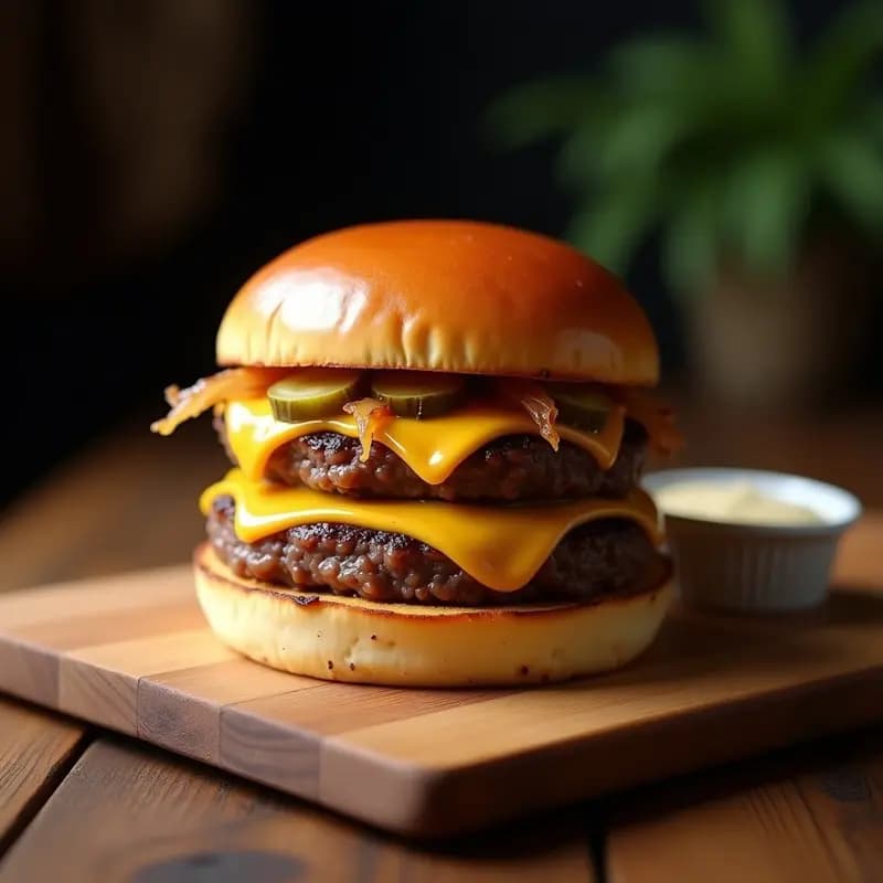 Hamburguesa de Doble Carne con Queso American, Pan Tostado y Salsa Especial: Receta Clásica de Comida Rápida