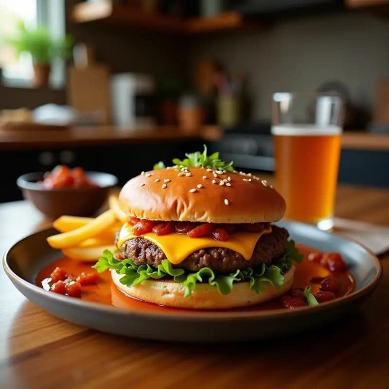 Hamburguesa de Doble Carne con Queso Americano, Anillos de Cebolla Frita y Salsa BBQ: Cheat Meal Epic