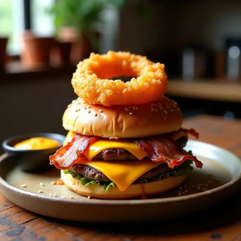 Hamburguesa de Doble Carne con Queso Cheddar, Bacon y Anillo de Cebolla Frita: El Clásico mejorado