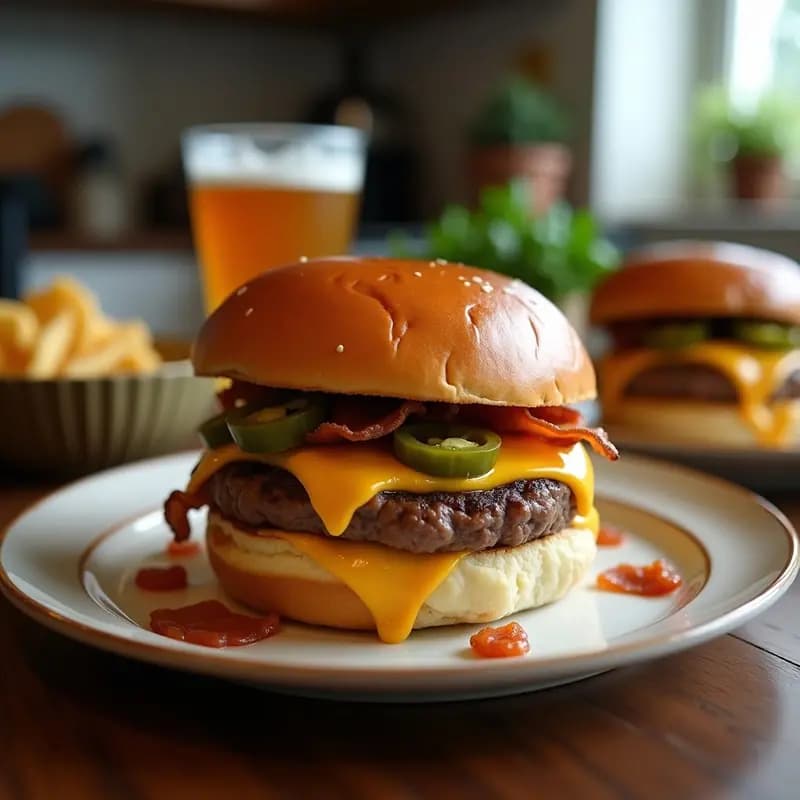 Hamburguesa de Doble Carne con Queso Cheddar, Bacon y Aros de Jalapeño: Explosión de Sabores