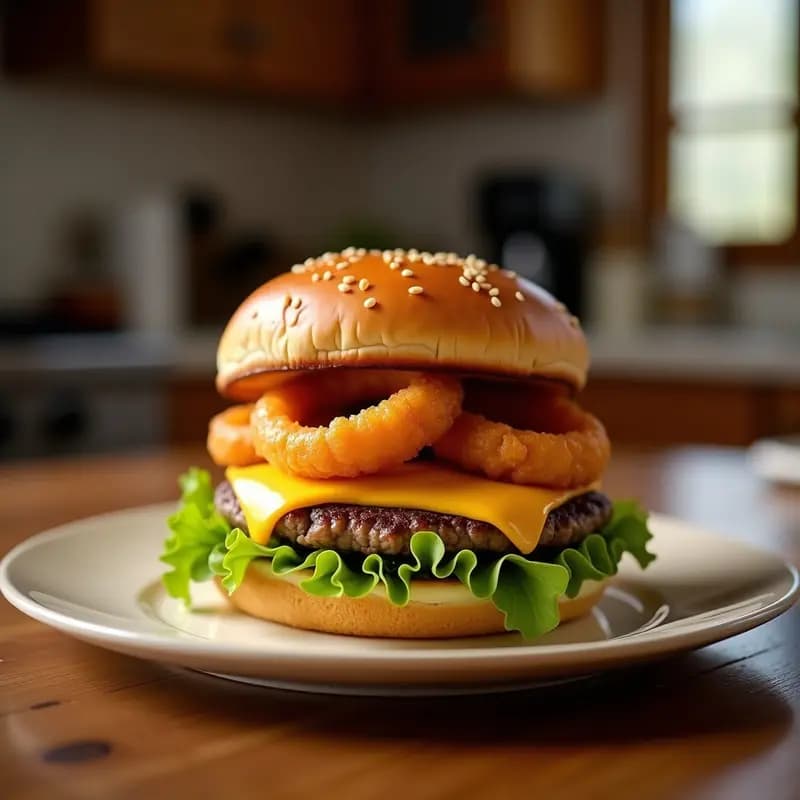 Hamburguesa con Doble Carne, Queso Cheddar, Toby y Anillos de Cebolla: El Clásico que Nunca falla