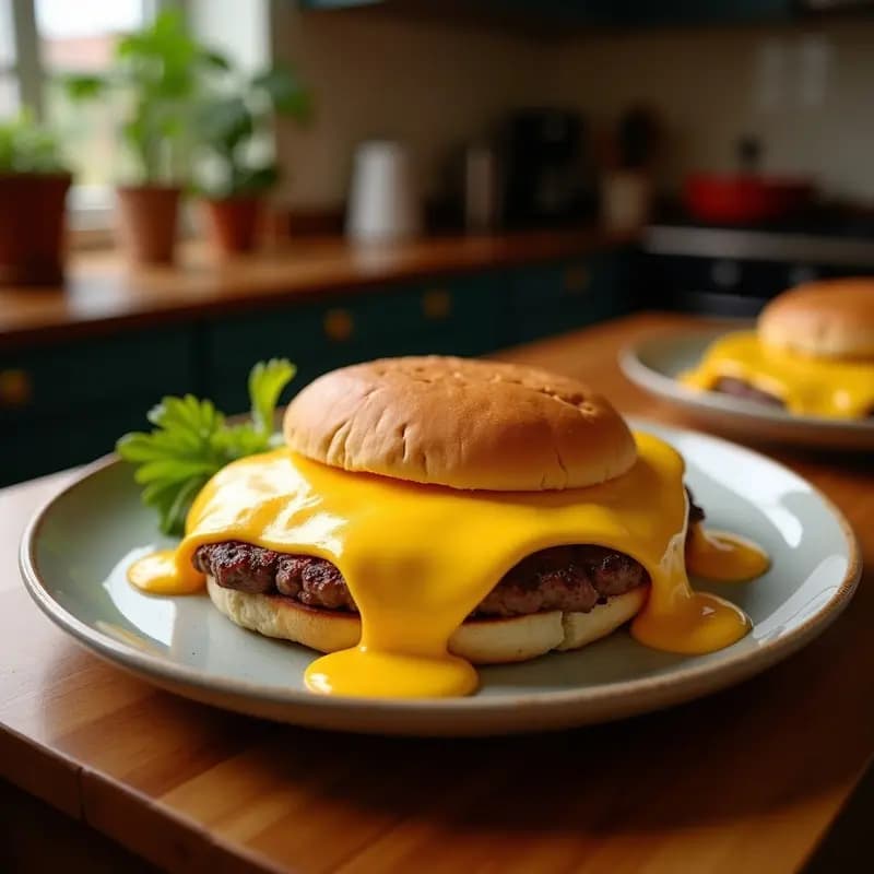 Hamburguesa de Doble Carne con Queso Fundido y Huevos Fritos: Desafío de Comilonas