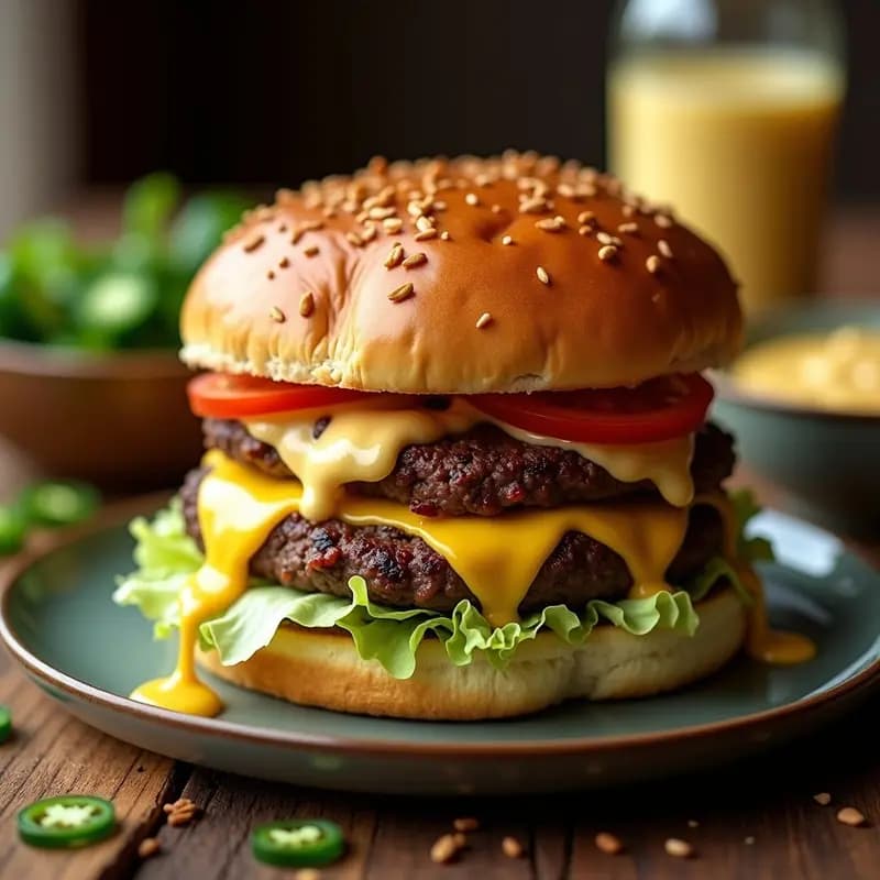 Hamburguesa de Doble Carne con Queso Pepper Jack y Salsa de Jalapeño: Picante que Enamora