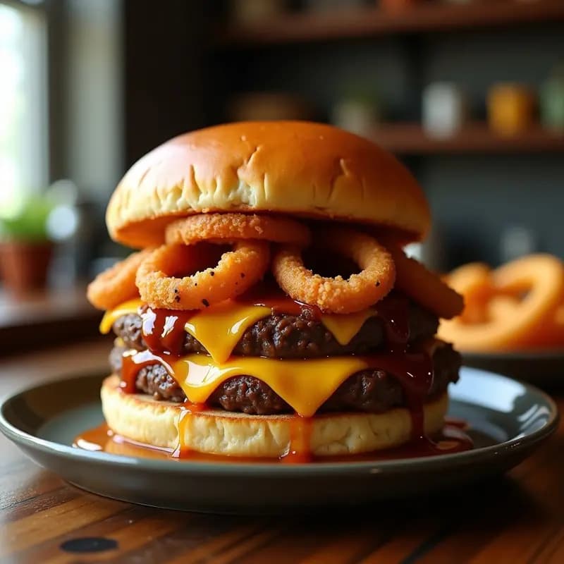 Hamburguesa de Doble Carne con Queso Americano, Aros de Cebolla Crujientes y Salsa Barbacoa: Receta Clásica Reinventada