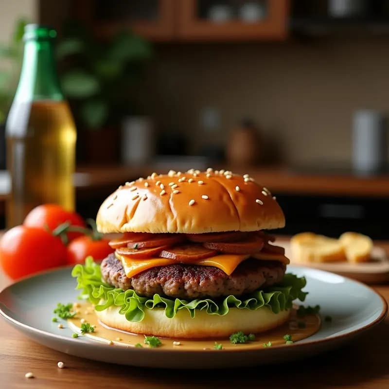 Hamburguesa de Doble Carne con Tocino Crujiente y Aros de Cebolla: El Sueño de Todo Carnívoro