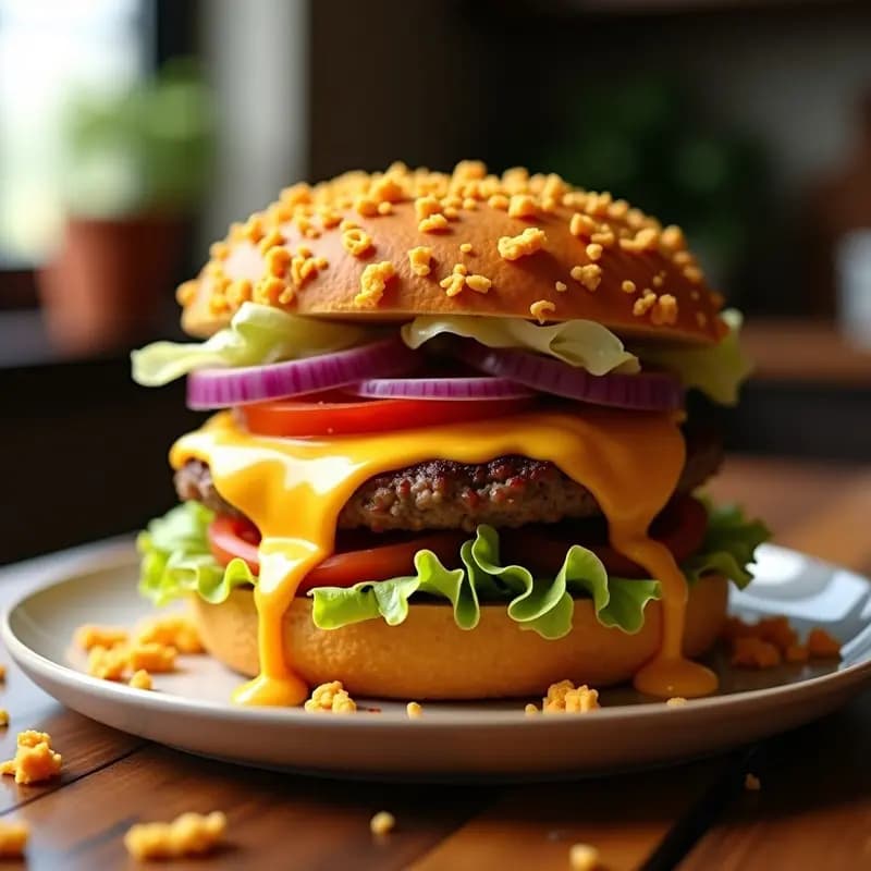 Hamburguesa de Doble Queso Cheddar y Doritos: Receta Crujiente con Salsa de Nacho en 20 Minutos