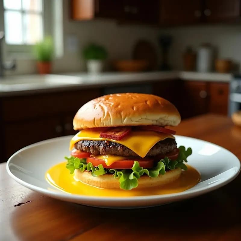 Hamburguesa de Doble Piso con Queso Cheddar, Tocino y Huevo Frito: Desafío para Valientes