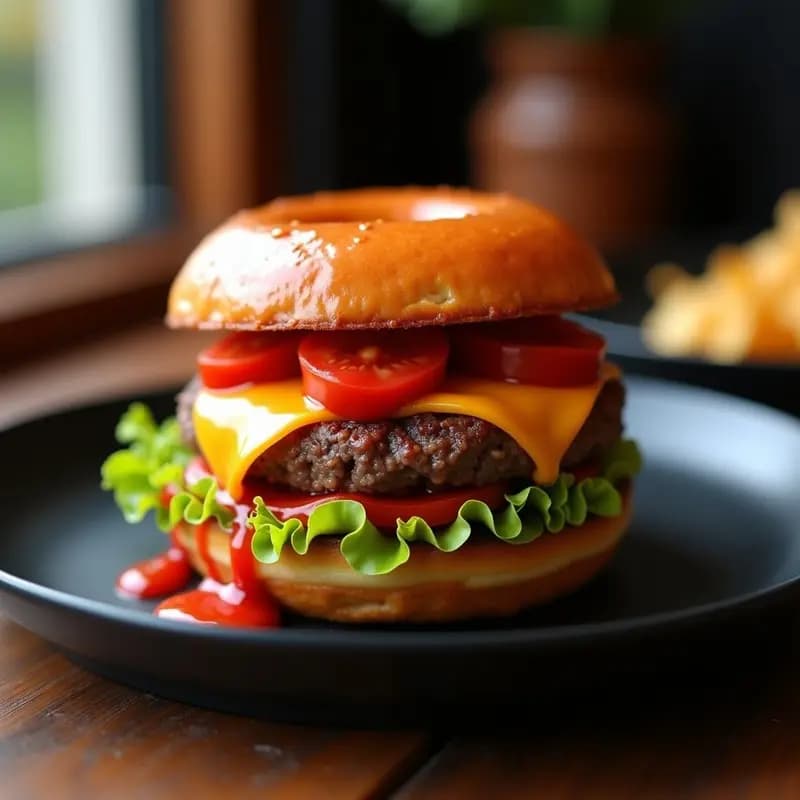 Hamburguesa de Donut con Carne de Res, Queso Americano y Salsa de Fresa con Chili: Fusión Dulce-Salado