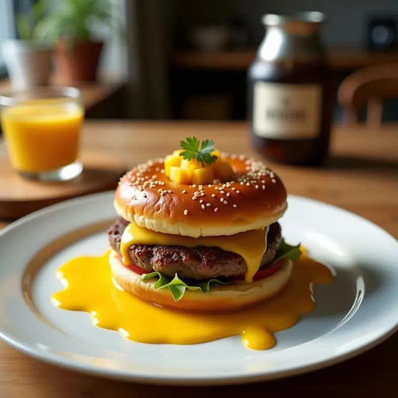 Hamburguesa con Pan de Donut Queso Cheddar y Salsa de Mango Habanero