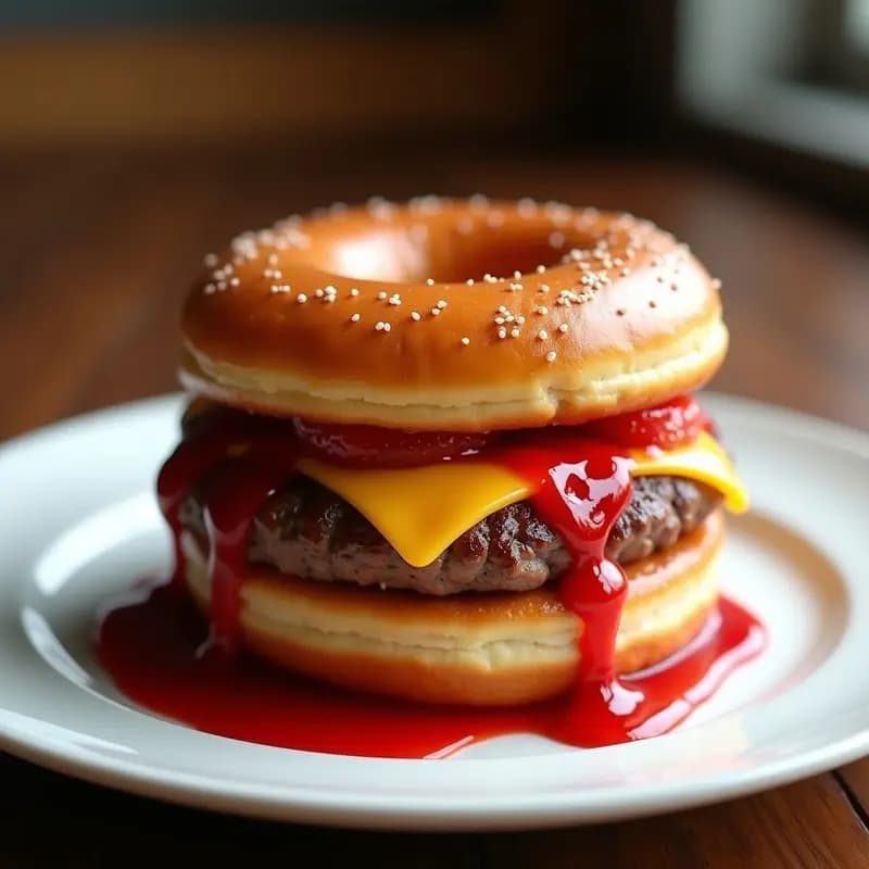 Hamburguesa de Donut Glaseado con Carne de Res, Queso Americano y Salsa de Fresas: Desayuno o Cena de Campeón