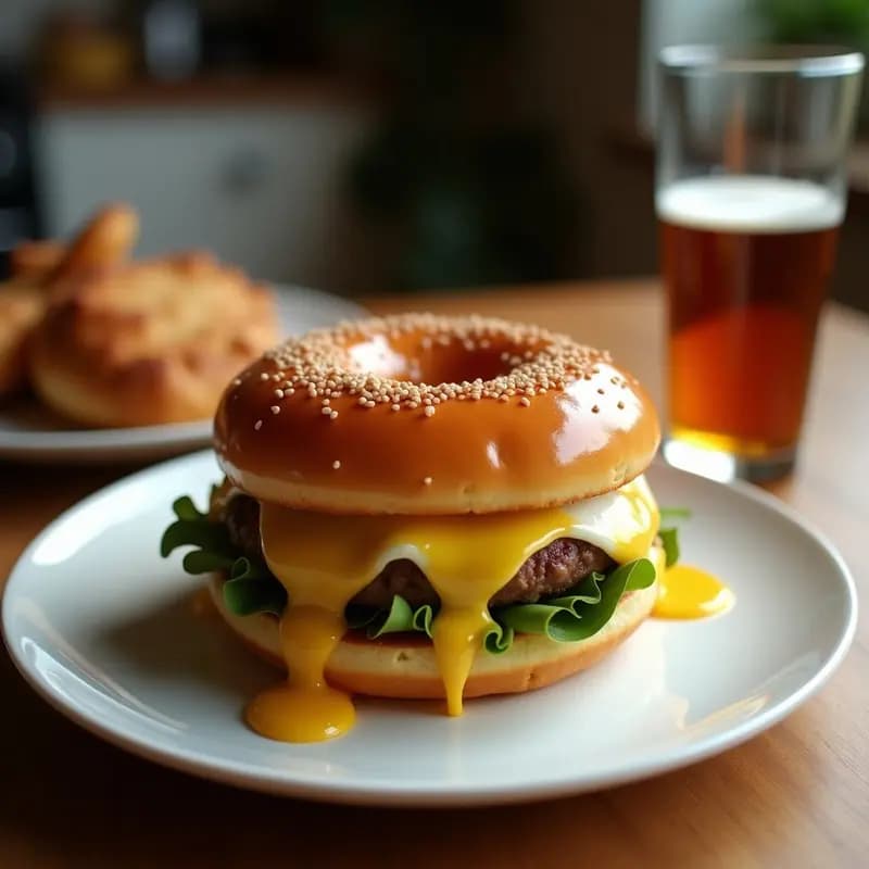 Hamburguesa de Donut Glaseado con Carne de Cerdo y Huevo Frito: Desayuno o Cena de Campeones