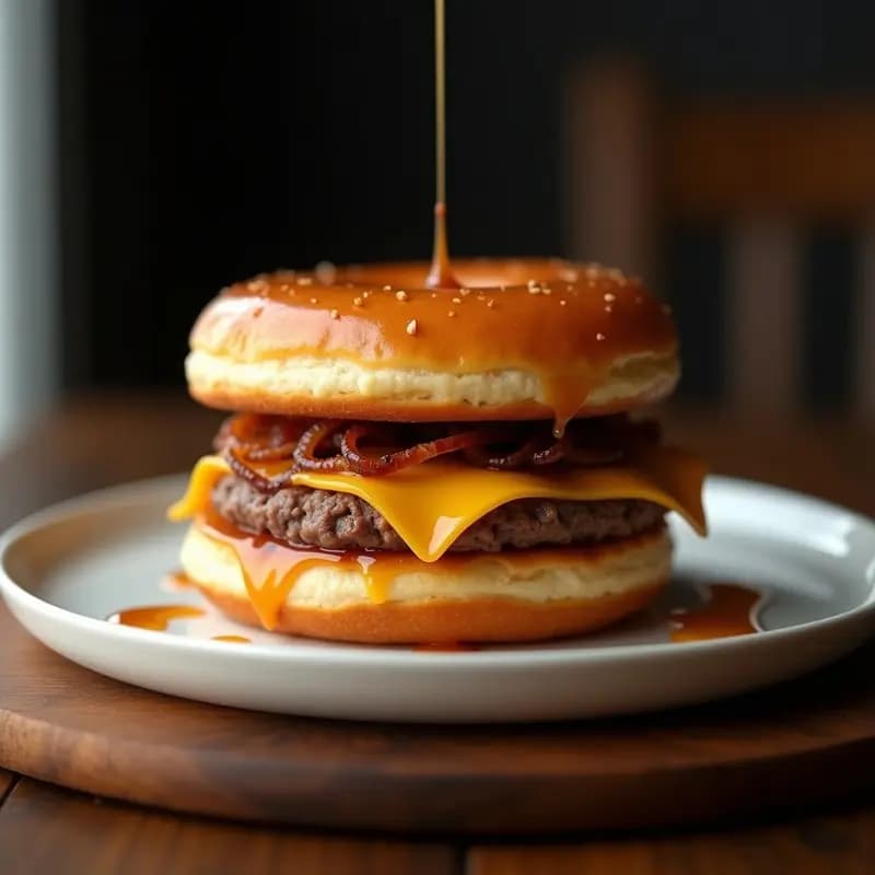 Hamburguesa de Donut Glaseado: Carne, Queso Americano y Salsa de Arce entre dos Rosquillas