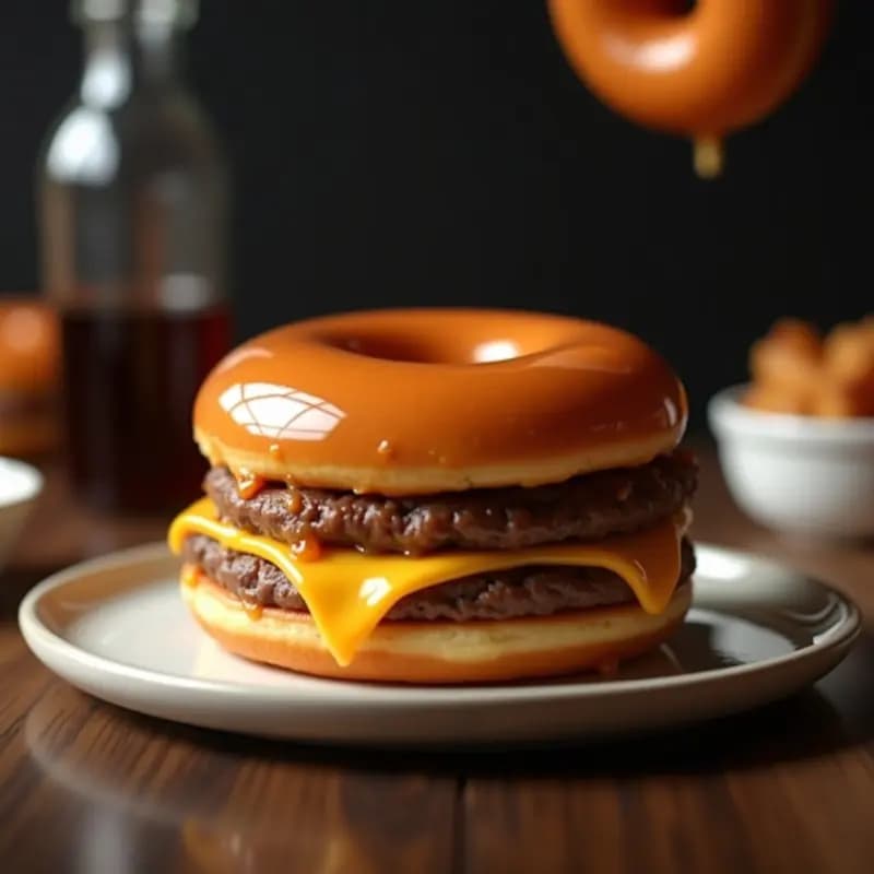 Hamburguesa de Donut: Dos Donuts Glaseados como Pan, Hamburguesa de Res y Queso Americano