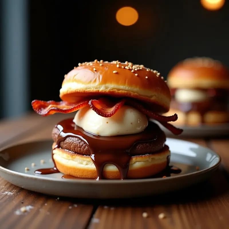 Hamburguesa de Donut con Helado de Vainilla, Bacon Caramelizado y Salsa de Chocolate entre Panes