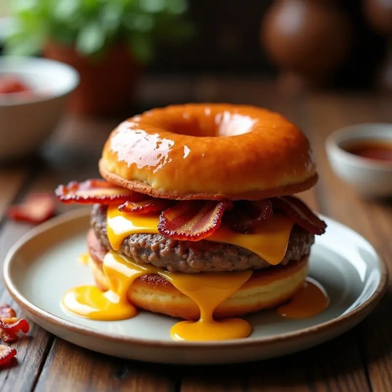 Hamburguesa de Donuts Glaseados con Bacon y Queso Cheddar: Receta Ultraindulgente para Amantes de lo Dulce-Salado