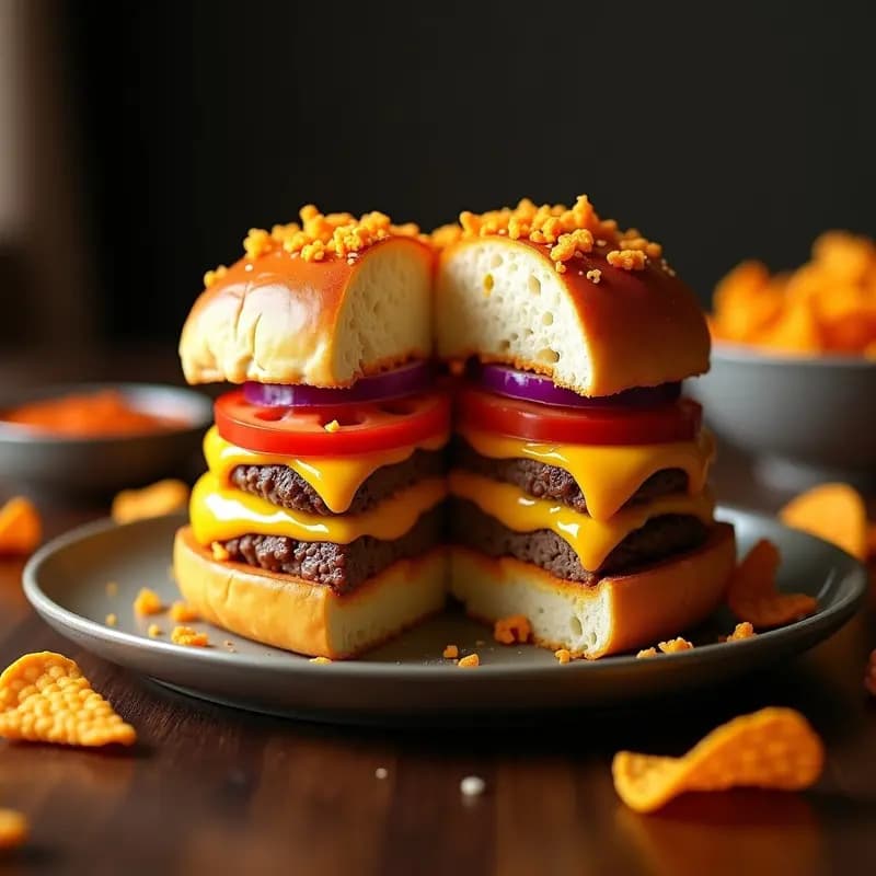 Hamburguesa Triple Queso con Doritos Triturados: La Explosión Crujiente que Desafía tu Dieta