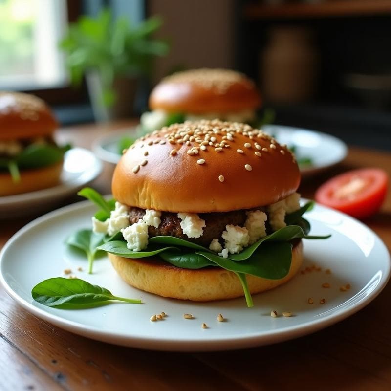 Hamburguesa de Espinacas y Queso Feta con Pan de Garbanzo: Receta Mediterránea Sin Gluten