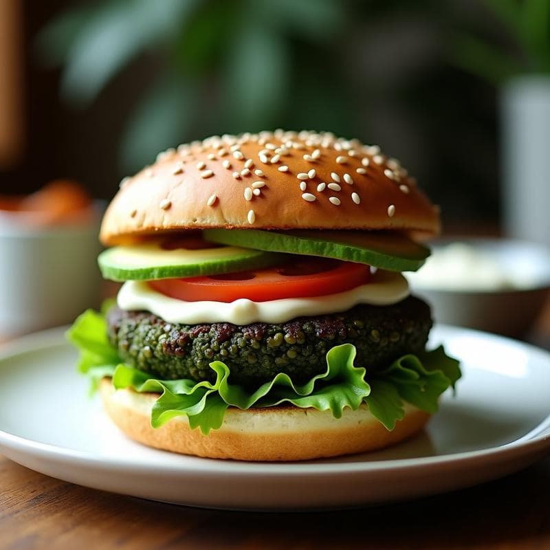 Hamburguesa de Algas Espirulina y Lentejas con Pan de Semillas: Burger Vegano y Detox