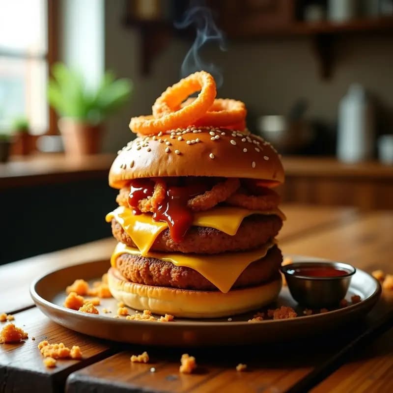 Hamburguesa de Filete Empanado con Queso Fundido y Aros de Cebolla Crujientes: Receta de Comida Rápida Extrema