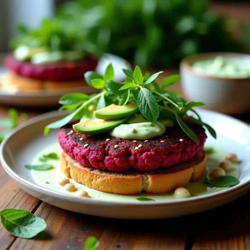 Hamburguesa de Garbanzos y Remolacha con Salsa de Yogur y Menta: Receta Vegana y Colorida