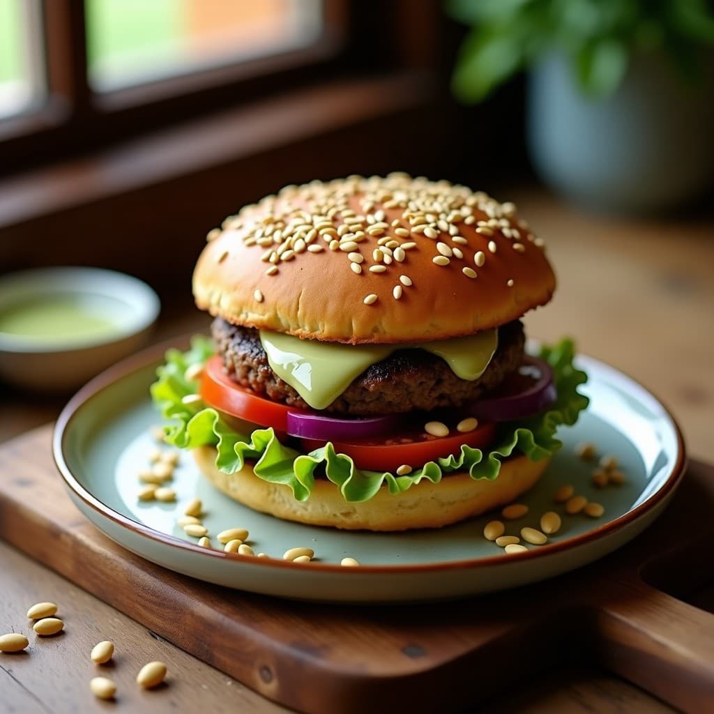 Hamburguesa de Hongos Shiitake y Semillas de Girasol: Burger Vegano Sin Gluten con Salsa de Wasabi