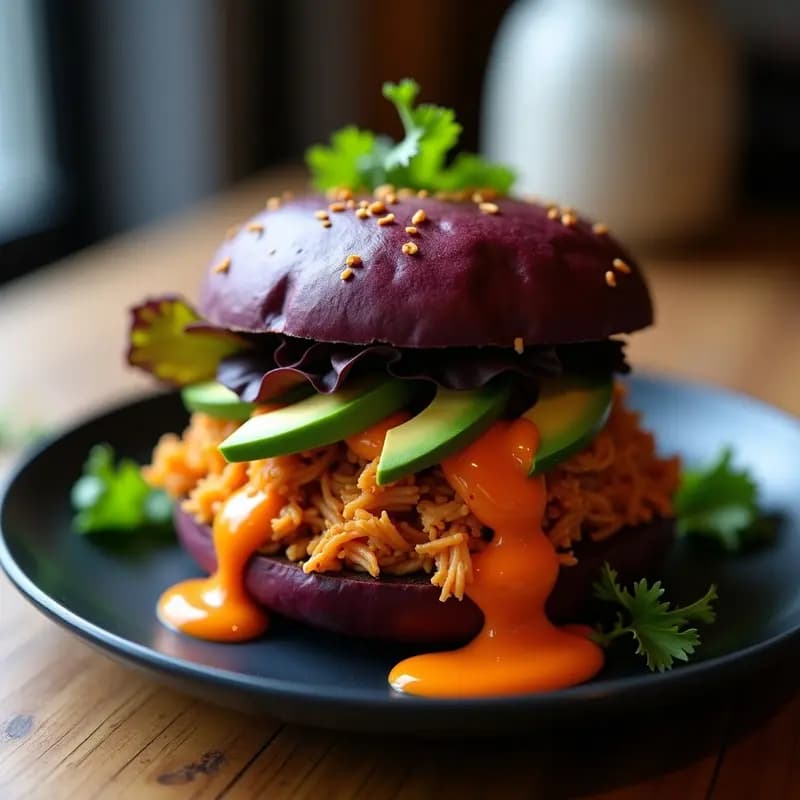 Hamburguesa de Jackfruit Desmenuzado con Pan de Batata Morada y Salsa de Mango Habanero