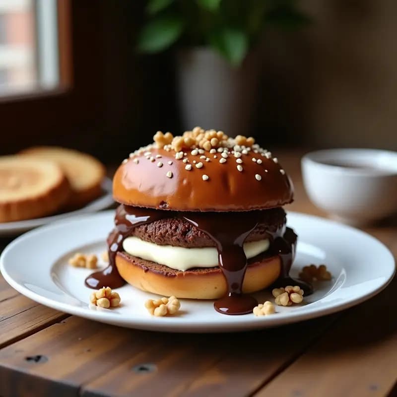 Hamburguesa de Chocolatina Kinder Bueno, Queso Crema y Sirope de Chocolate: Postre o Desayuno Prohibido