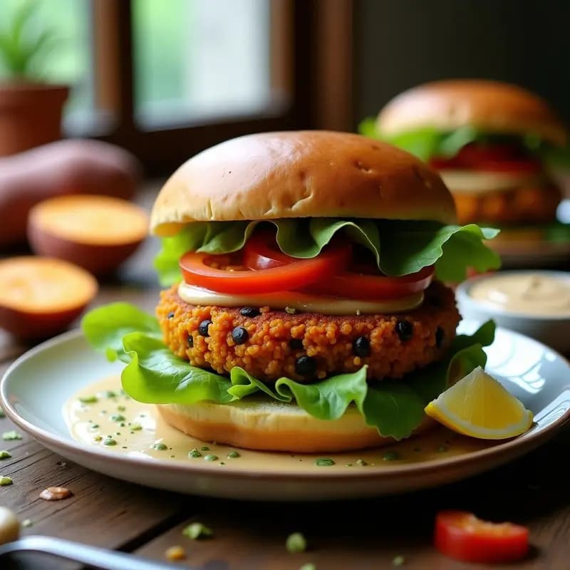 Hamburguesa de Lentejas Negras y batata: Burger Vegano en Airfryer con Salsa de Tahini