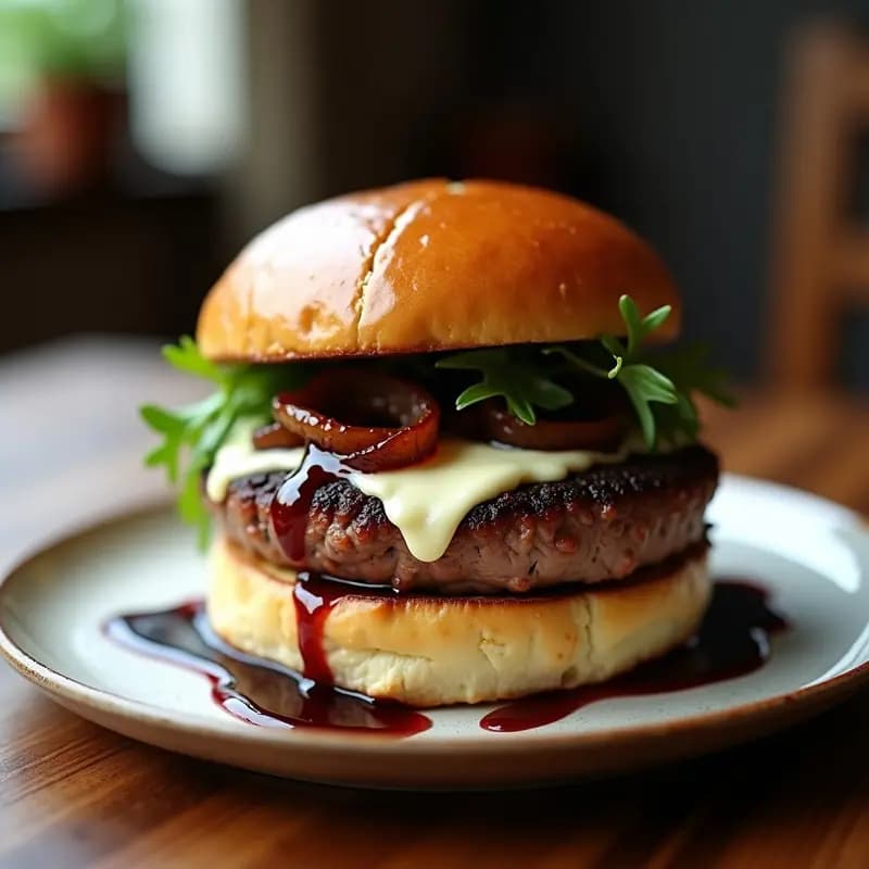 Hamburguesa de Lomo con Queso Gorgonzola y Reducción de Vino Tinto: Sofisticación Carnivora