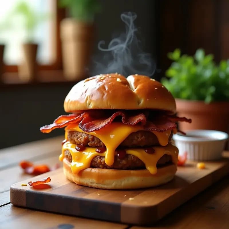Hamburguesa de Macarrón con Queso y Tocino: Triple Capa de Carbohidratos que Derrite tu Dieta
