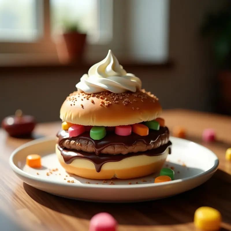 Hamburguesa de Nesquik con Toppings de Gominolas, Chocolate y Nata Montada