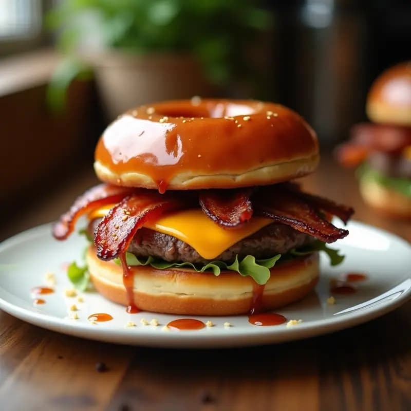 Hamburguesa con Pan de Donut Glaseado y Bacon Caramelizado: Dulce y Salado en Armonía