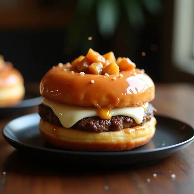 Hamburguesa de Pan de Donut con Filete de Ternera, Queso Brie y Compota de Manzana