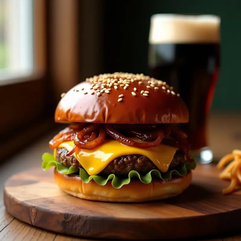 Hamburguesa con Pan de Pretzel, Queso Suizo y Cebolla Caramelizada con Cerveza Negra: Receta Alemana para Carnivoros
