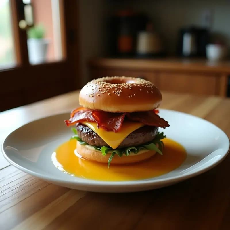 Hamburguesa de Panqueques con Bacon, Queso Maple y Sirope de Arce entre Dos Donuts Glaseados