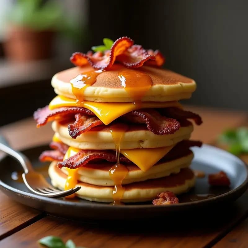 Hamburguesa de Panqueques con Bacon, Sirope de Arce y Queso Cheddar: Desayuno o Cena Extrema