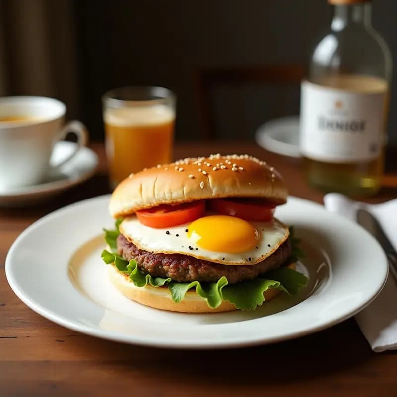 Hamburguesa de Panqueques con Jarabe de Arce, Mantequilla y Huevos Fritos: Desayuno Americano Extremo