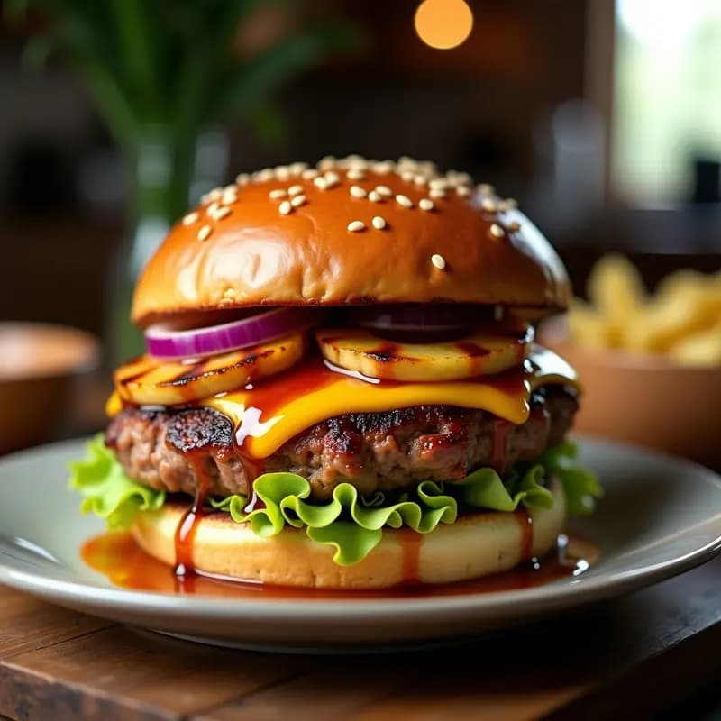Hamburguesa de Pernil con Piña Asada y Salsa Teriyaki: Receta de Fusión Asiática-Americana que Sorprende