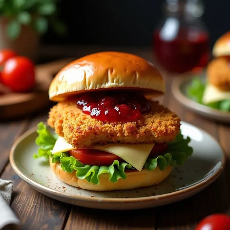 Hamburguesa de Pollo Crujiente con Mermelada de Arándanos y Queso Brie: Receta Gourmet Rápida