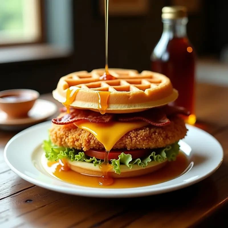 Hamburguesa de Pollo Crujiente con Pan de Gofre y Sirope de Arce: Desayuno o Cena Indecente