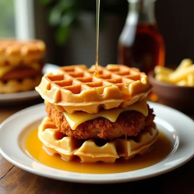 Hamburguesa de Pollo Rebozado con Waffle de Queso y Sirope de Arce: El Desayuno-Cena Imprescindible