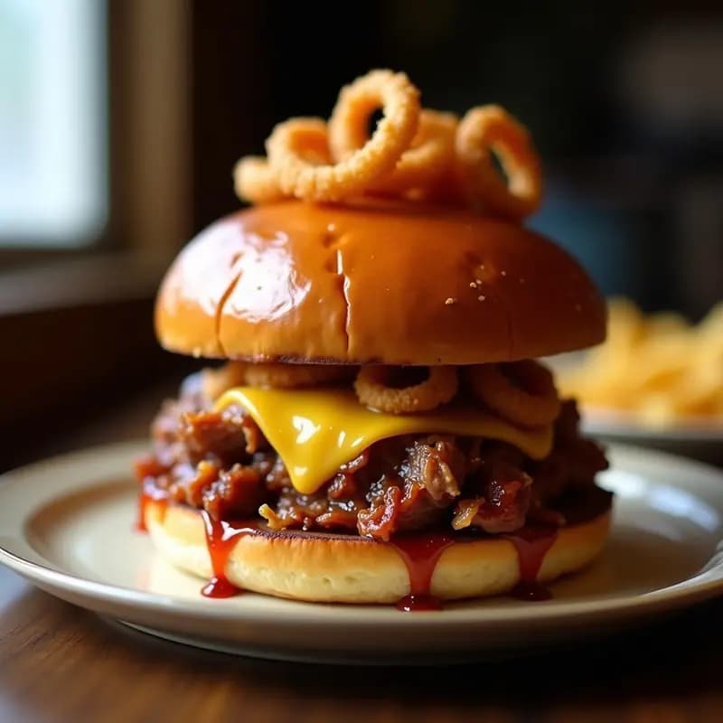 Hamburguesa de Pull Pork con Salsa Barbacoa, Queso Gouda y Cebolla Crujiente: Receta Sureña Americana