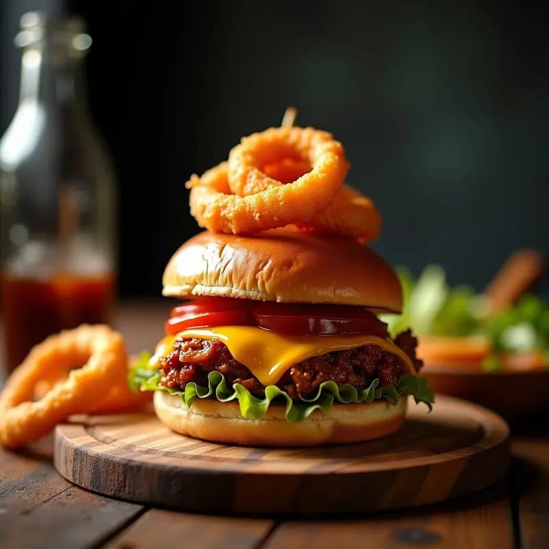 Hamburguesa de Pulled Pork con Salsa Barbacoa y Aros de Cebolla Crujientes: Sabores del Sur en un Bocado