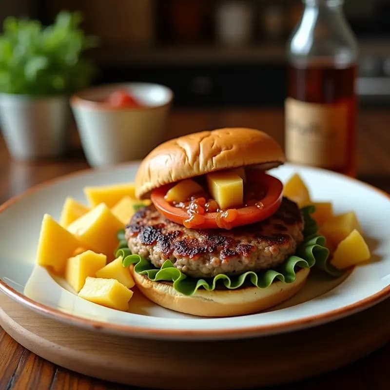 Hamburguesa de Pulled Pork con Anillos de Piña Frita y Salsa Barbacoa Picante: El Toque Hawaiano